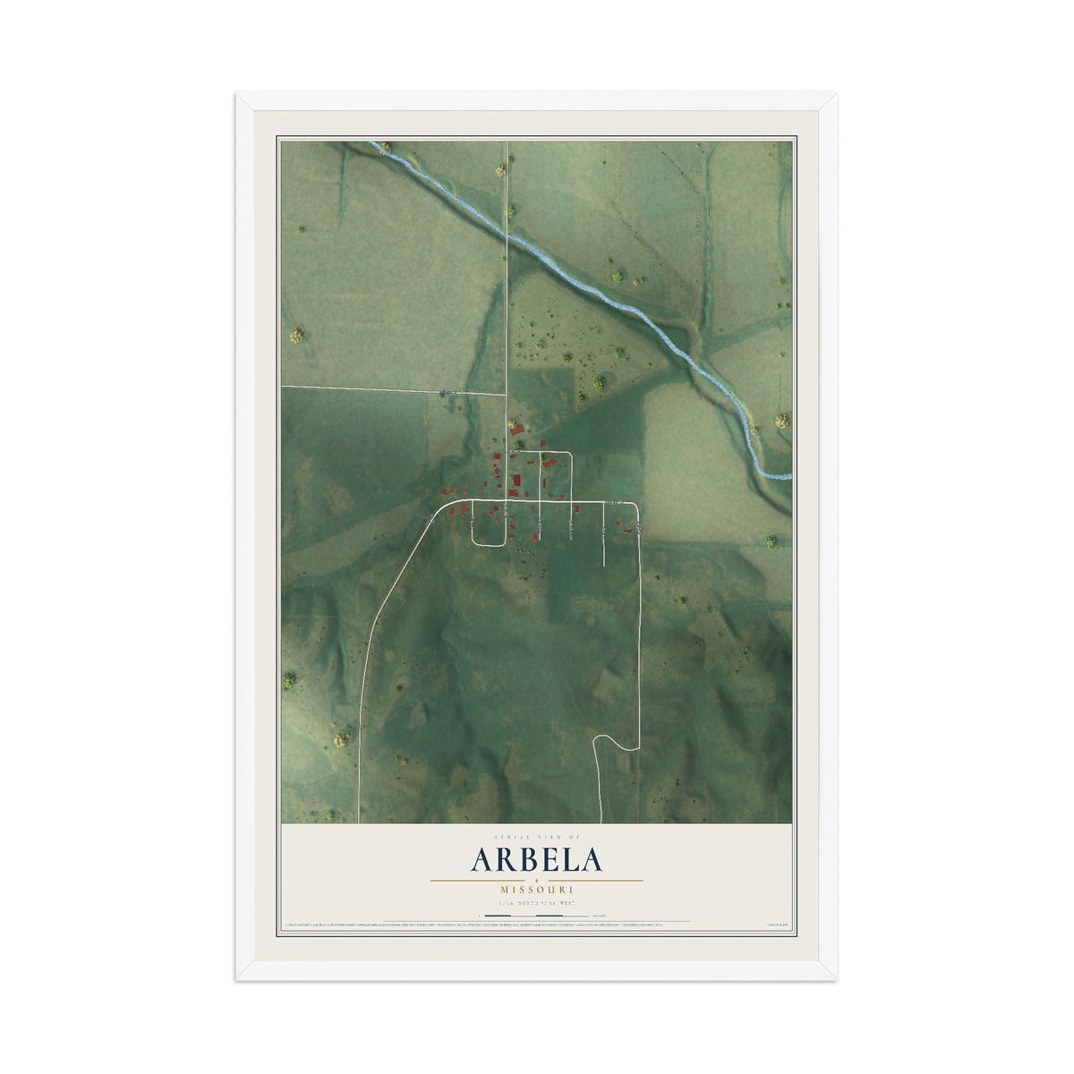 Map of Arbela, Missouri, 12 x 18 inch print in a white wood frame