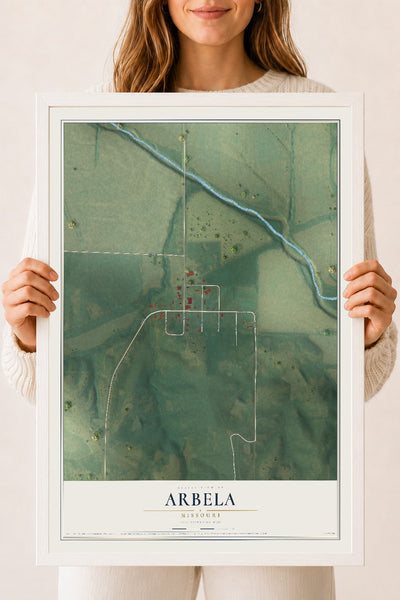Map of Arbela, Missouri, 18 x 24 inch print in a white wood frame