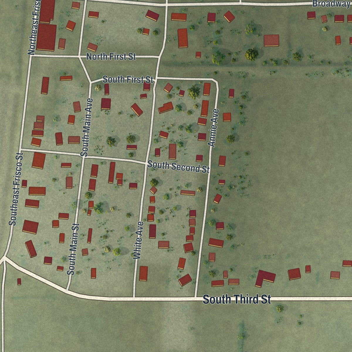 Close-up of the map of Arbyrd, Missouri print showing street and building detail