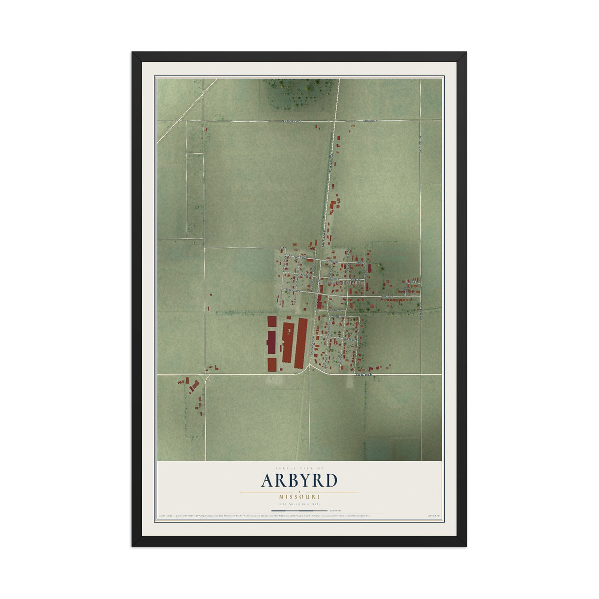 Map of Arbyrd, Missouri, 12 x 18 inch print in a black wood frame