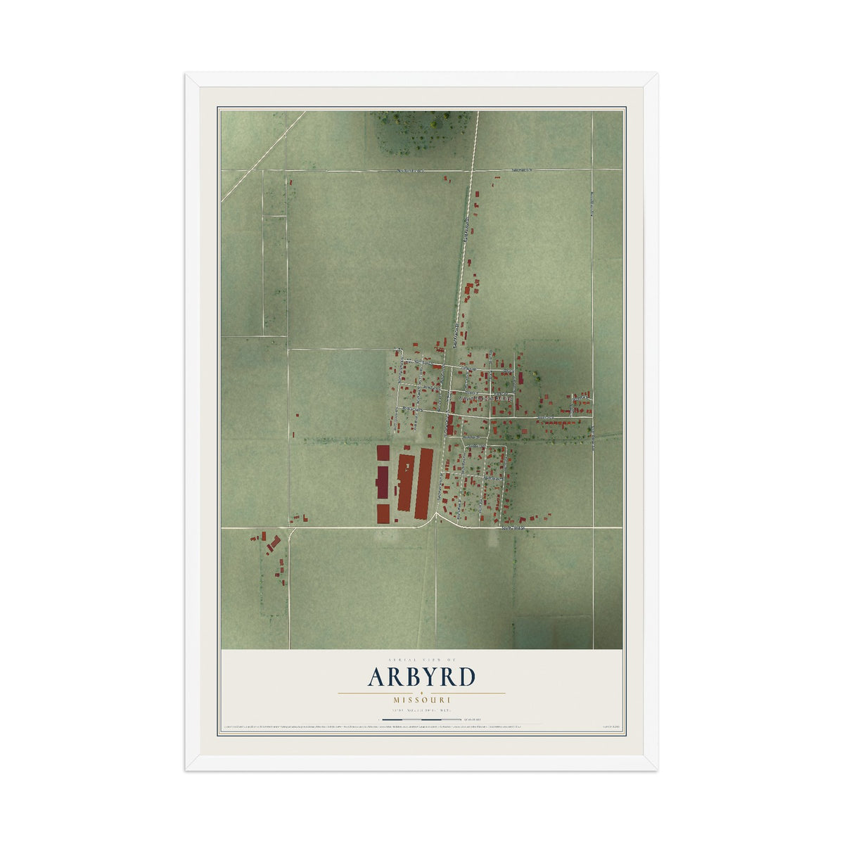 Map of Arbyrd, Missouri, 12 x 18 inch print in a white wood frame