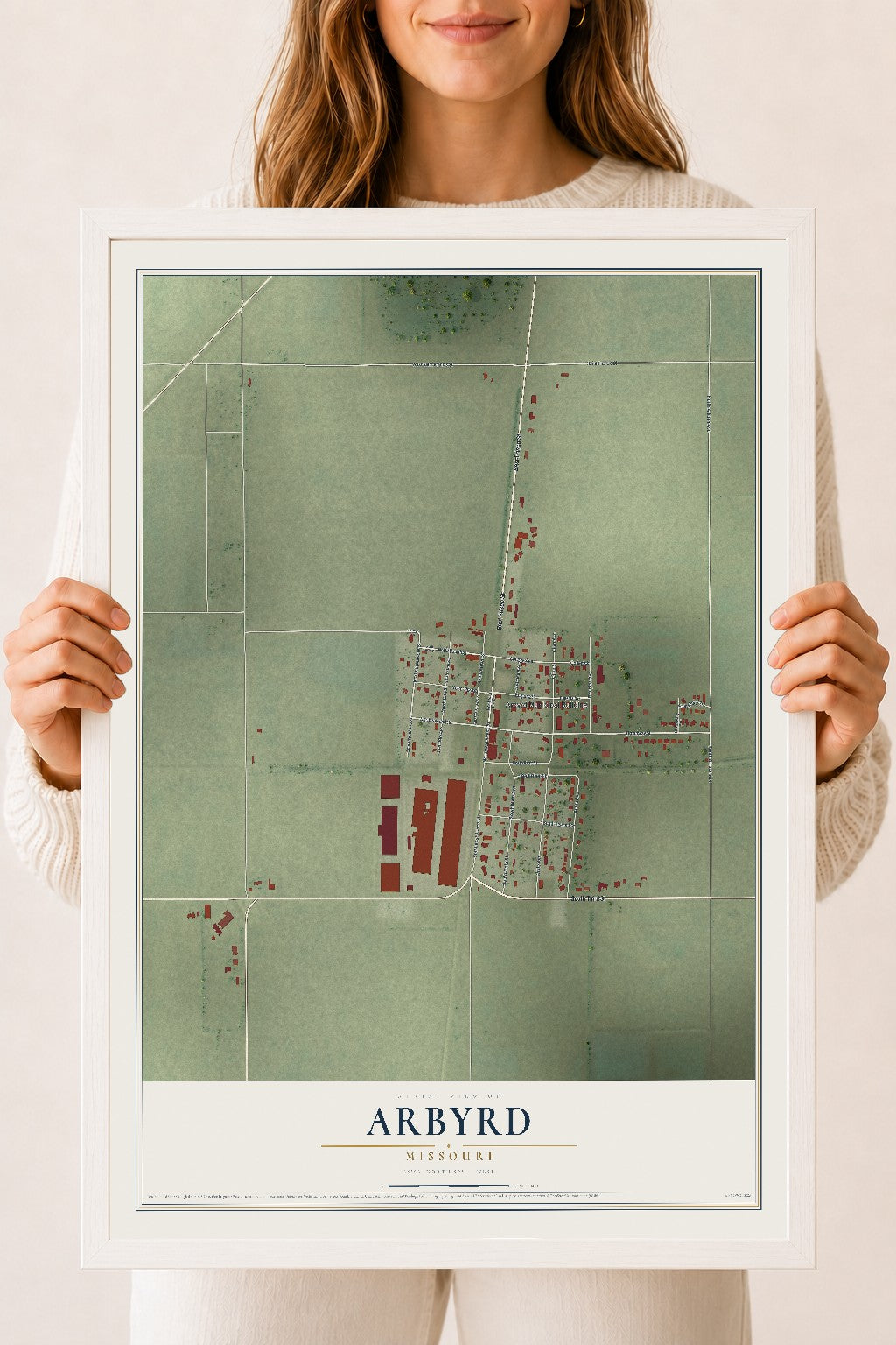 Map of Arbyrd, Missouri, 18 x 24 inch print in a white wood frame