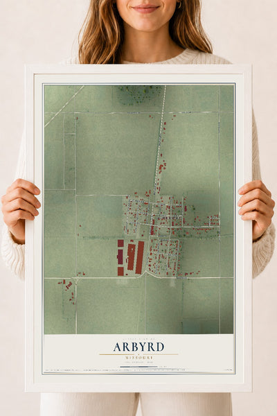 Map of Arbyrd, Missouri, 18 x 24 inch print in a white wood frame