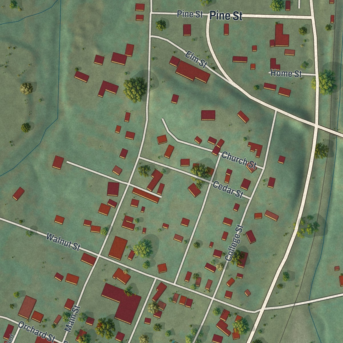 Close-up of the map of Arcadia, Missouri print showing street and building detail