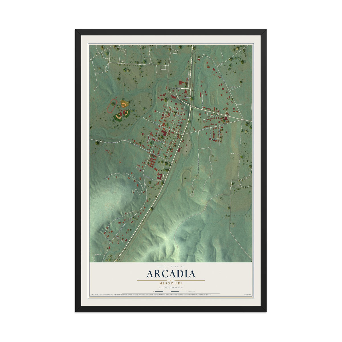 Map of Arcadia, Missouri, 12 x 18 inch print in a black wood frame