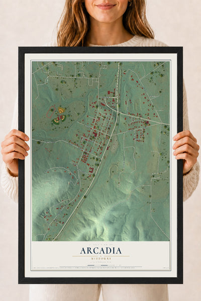 Map of Arcadia, Missouri, 18 x 24 inch print in a black wood frame