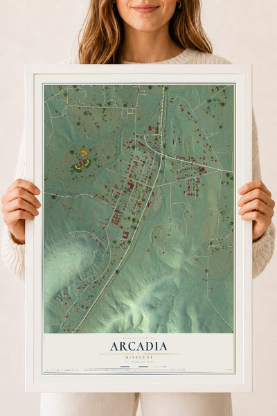 Map of Arcadia, Missouri, 18 x 24 inch print in a white wood frame