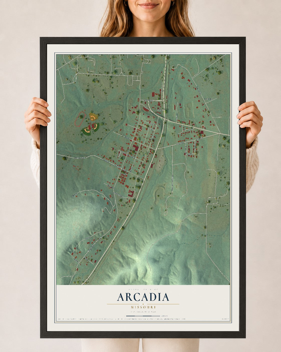 Map of Arcadia, Missouri, 24 x 36 inch print in a black wood frame
