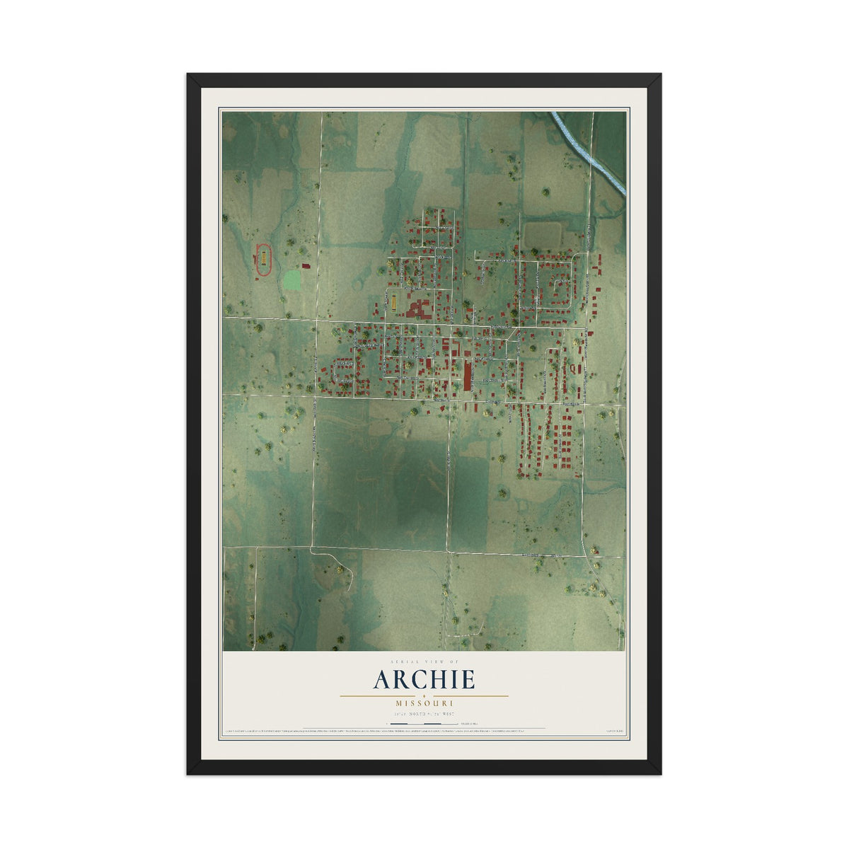 Map of Archie, Missouri, 12 x 18 inch print in a black wood frame