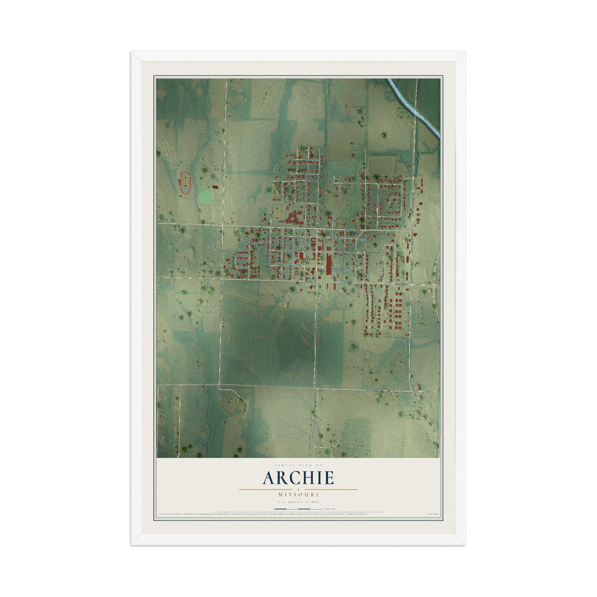 Map of Archie, Missouri, 12 x 18 inch print in a white wood frame