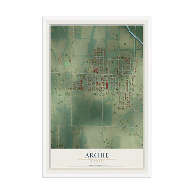 Map of Archie, Missouri, 12 x 18 inch print in a white wood frame