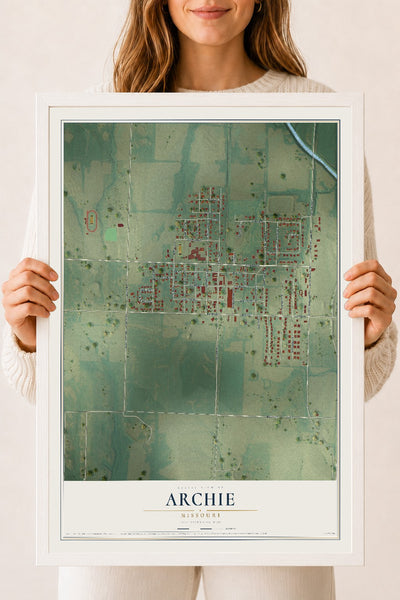 Map of Archie, Missouri, 18 x 24 inch print in a white wood frame