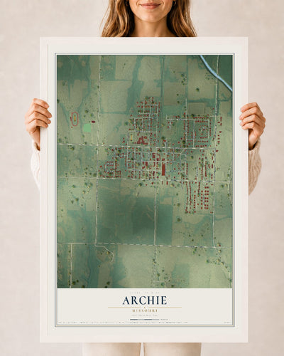 Map of Archie, Missouri, 24 x 36 inch print in a white wood frame