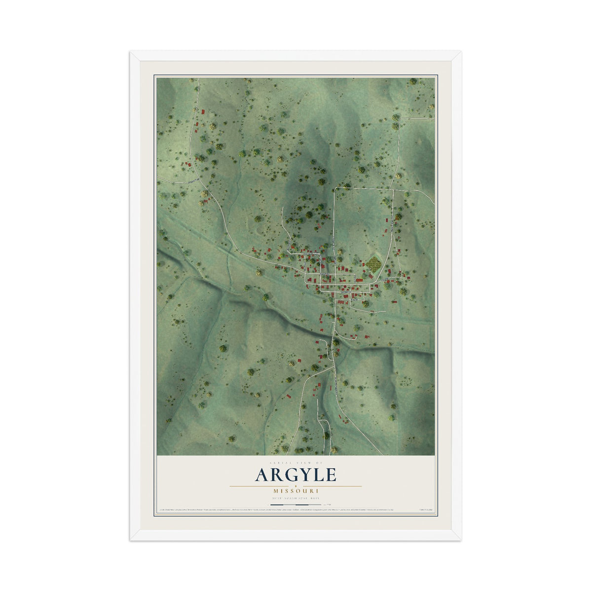 Map of Argyle, Missouri, 12 x 18 inch print in a white wood frame