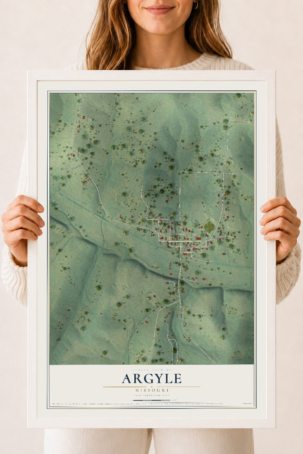 Map of Argyle, Missouri, 18 x 24 inch print in a white wood frame