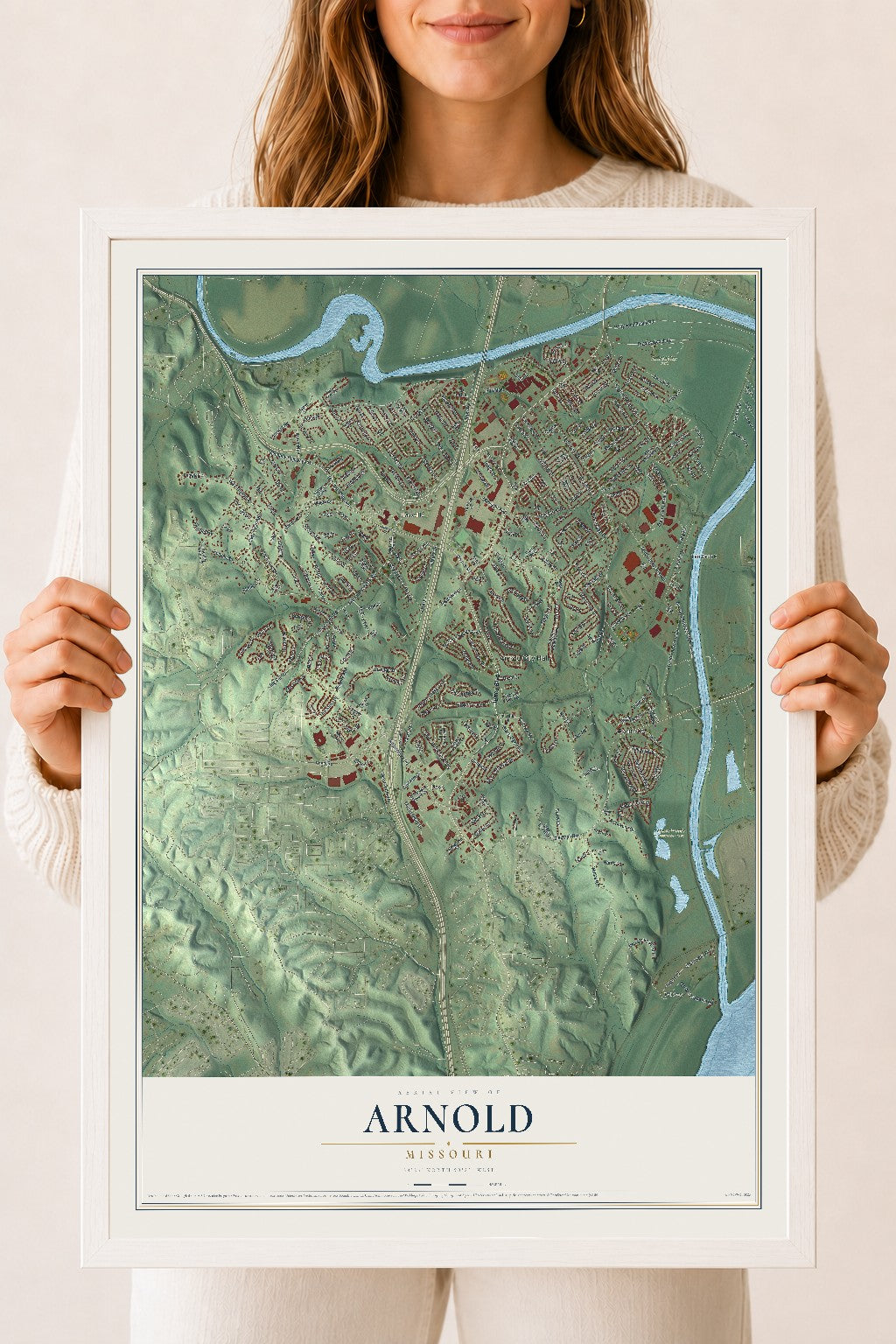 Map of Arnold, Missouri, 18 x 24 inch print in a white wood frame
