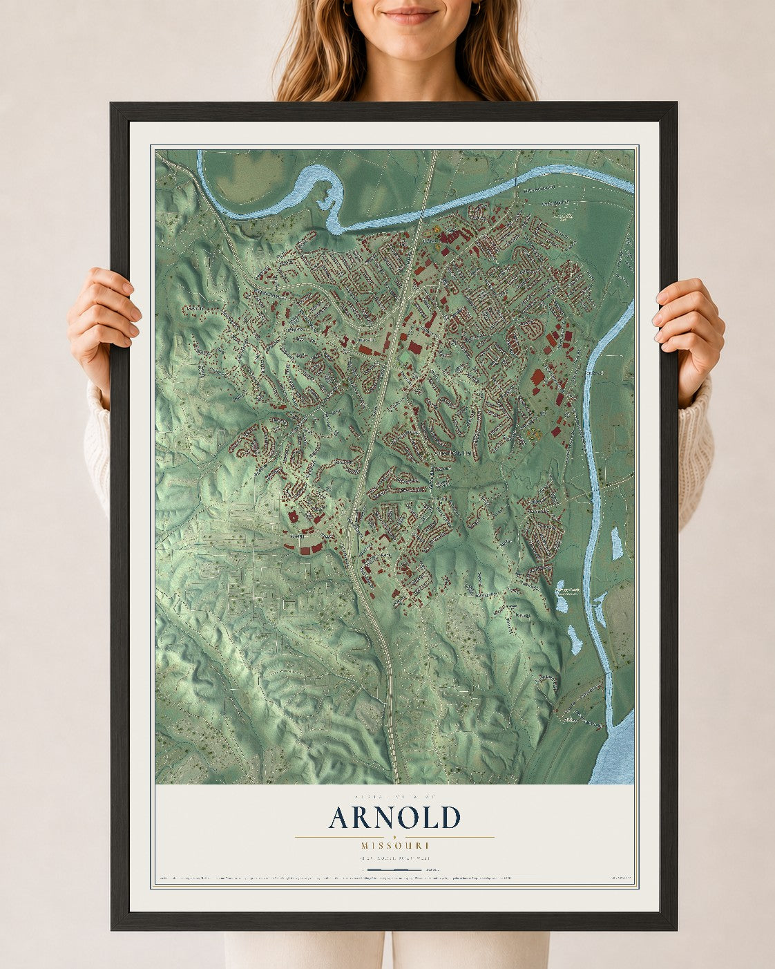 Map of Arnold, Missouri, 24 x 36 inch print in a black wood frame
