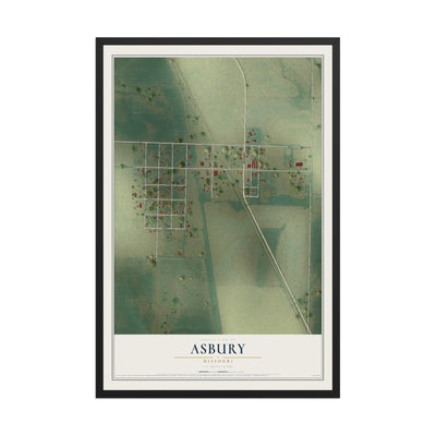 Map of Asbury, Missouri, 12 x 18 inch print in a black wood frame