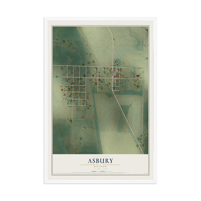 Map of Asbury, Missouri, 12 x 18 inch print in a white wood frame