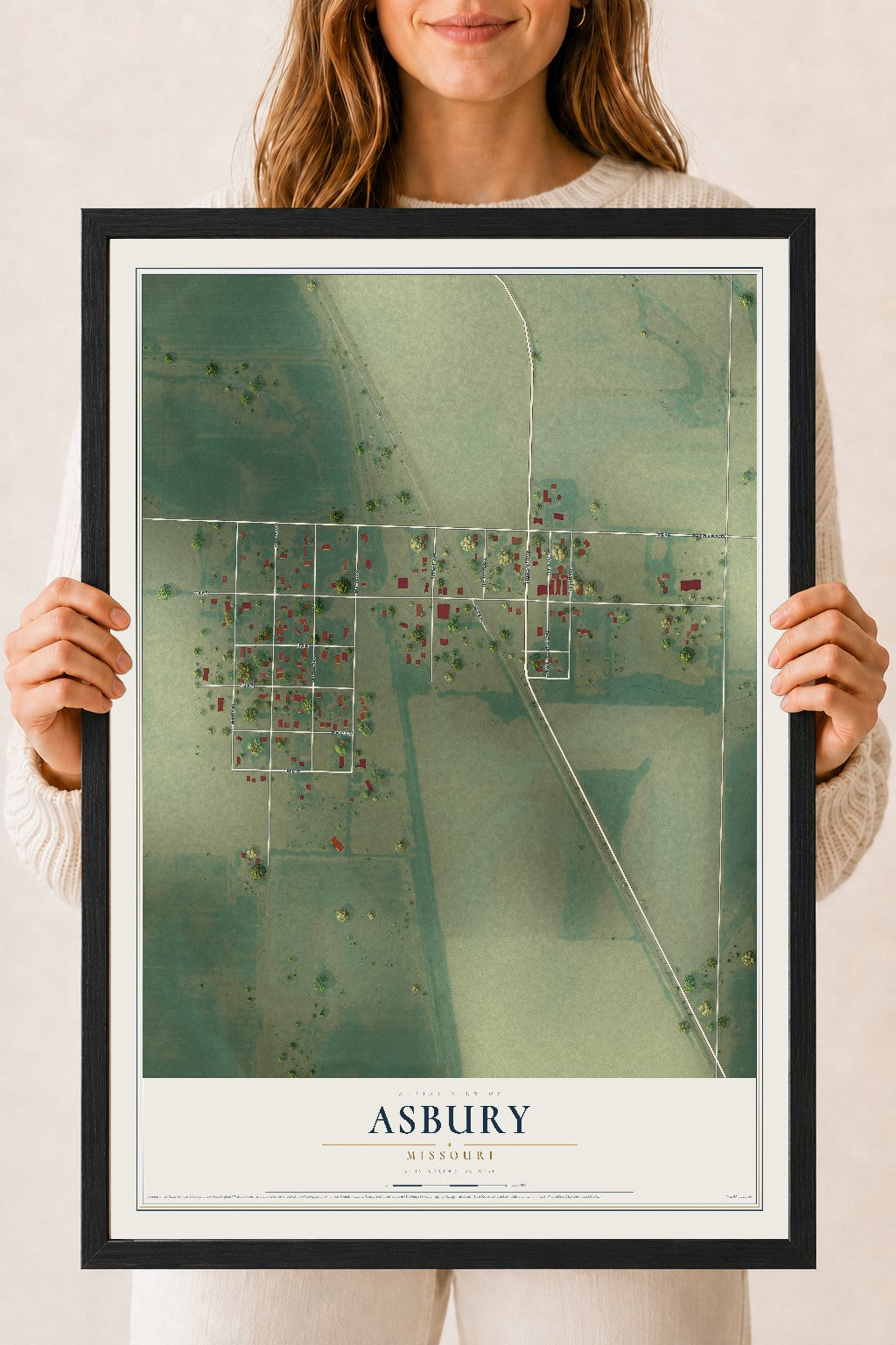 Map of Asbury, Missouri, 18 x 24 inch print in a black wood frame