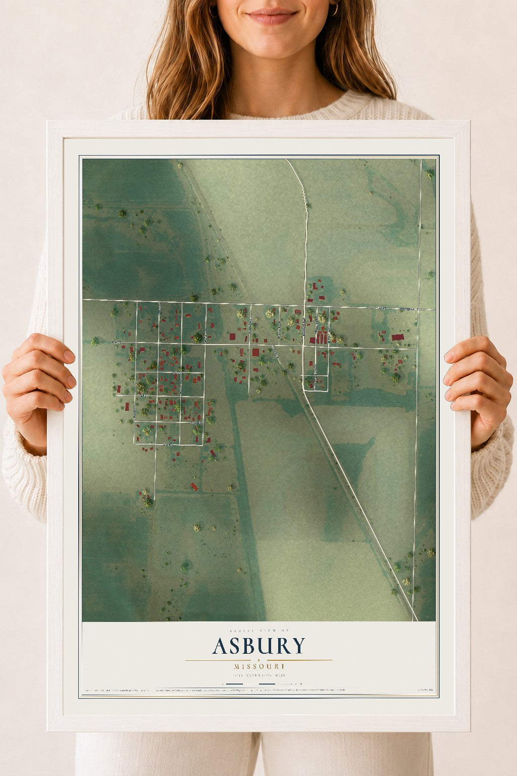 Map of Asbury, Missouri, 18 x 24 inch print in a white wood frame