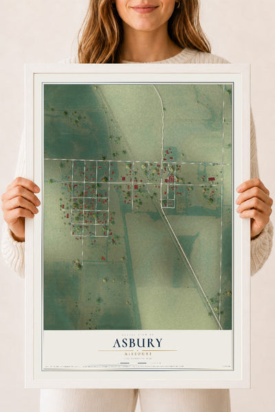 Map of Asbury, Missouri, 18 x 24 inch print in a white wood frame