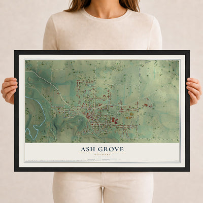 Map of Ash Grove, Missouri, 12 x 18 inch print in a black wood frame