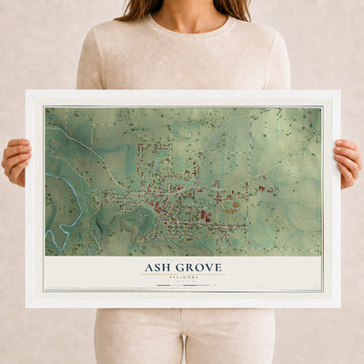 Map of Ash Grove, Missouri, 12 x 18 inch print in a white wood frame
