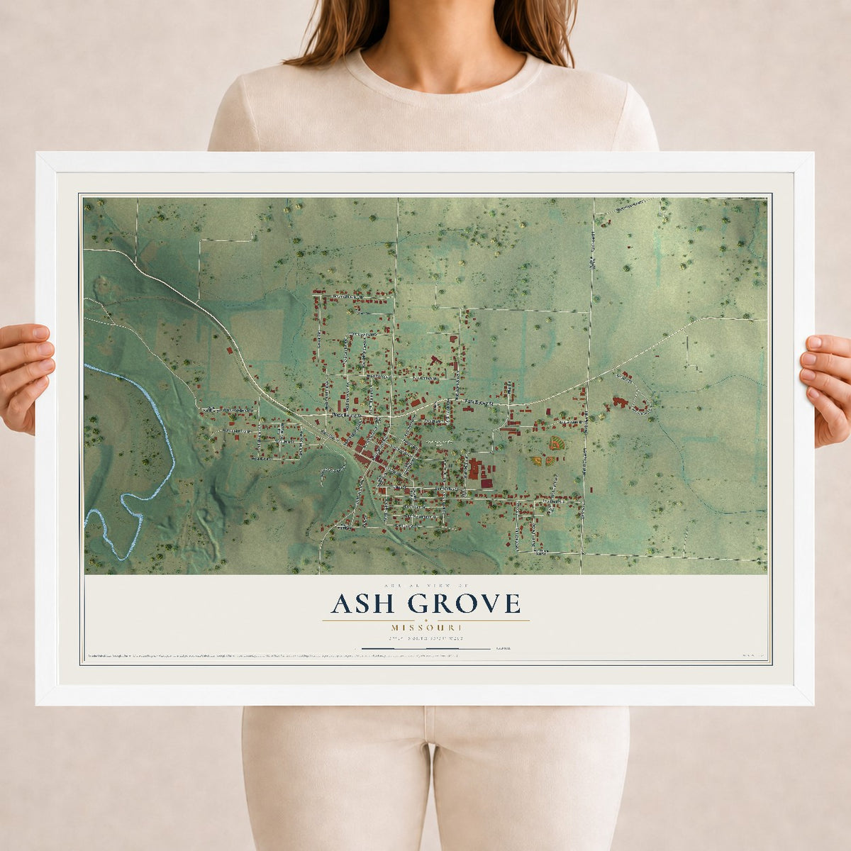 Map of Ash Grove, Missouri, 18 x 24 inch print in a white wood frame