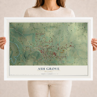 Map of Ash Grove, Missouri, 18 x 24 inch print in a white wood frame