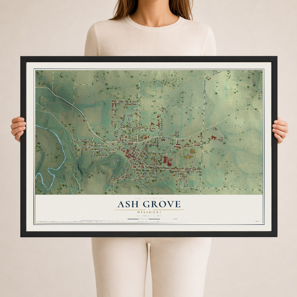 Map of Ash Grove, Missouri, 24 x 36 inch print in a black wood frame