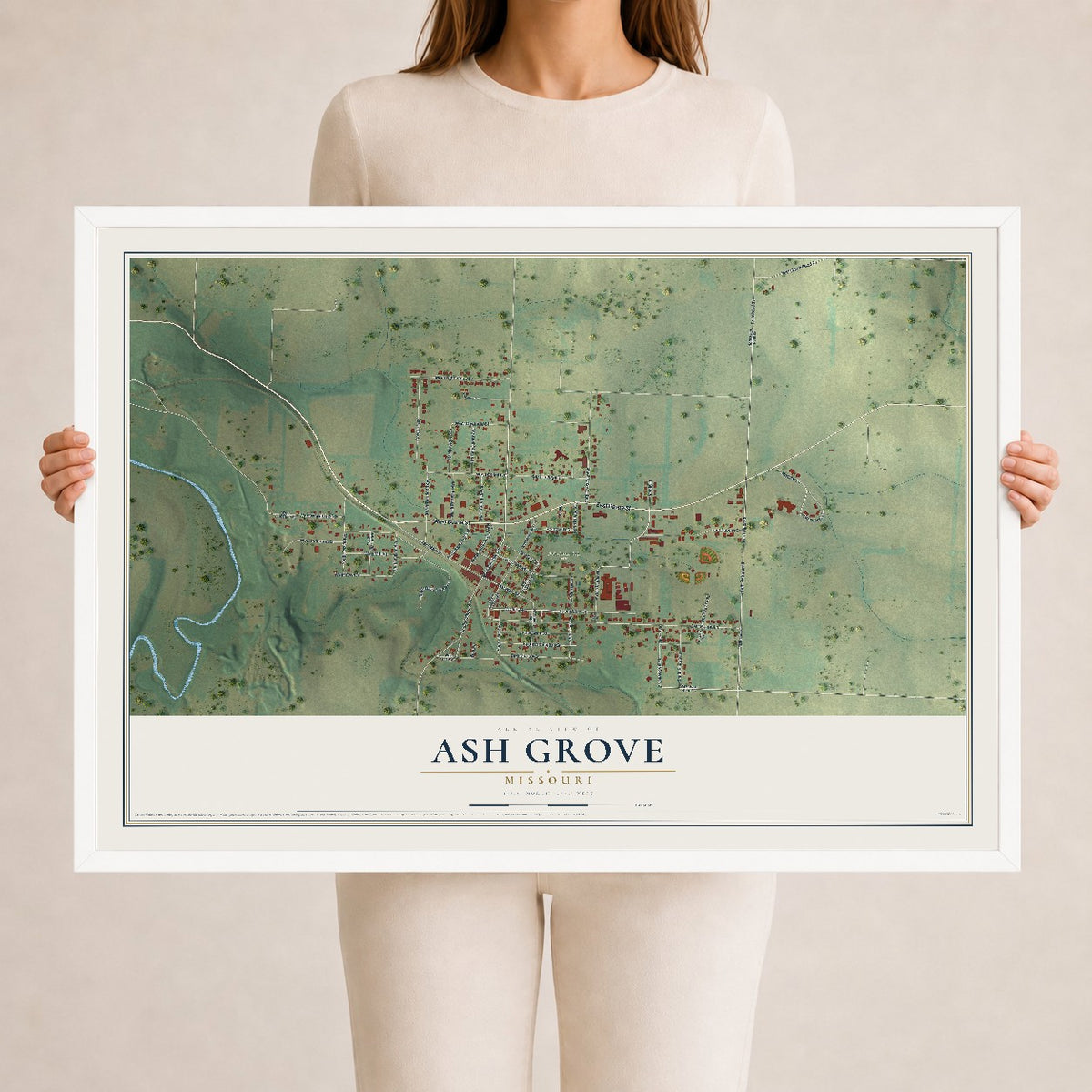 Map of Ash Grove, Missouri, 24 x 36 inch print in a white wood frame