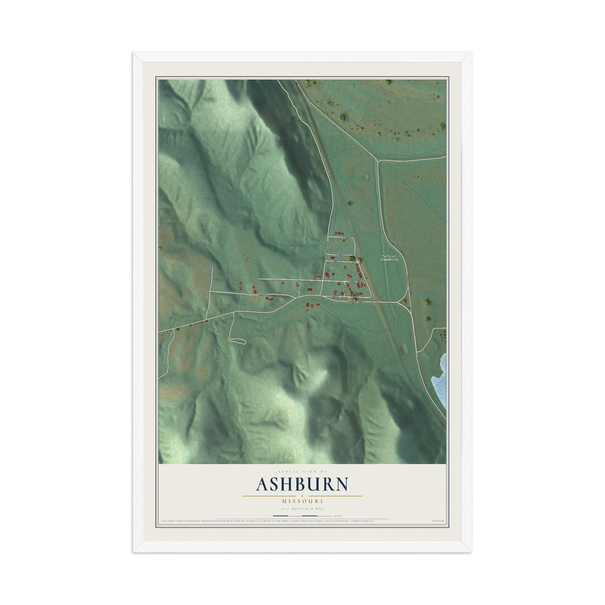 Map of Ashburn, Missouri, 12 x 18 inch print in a white wood frame