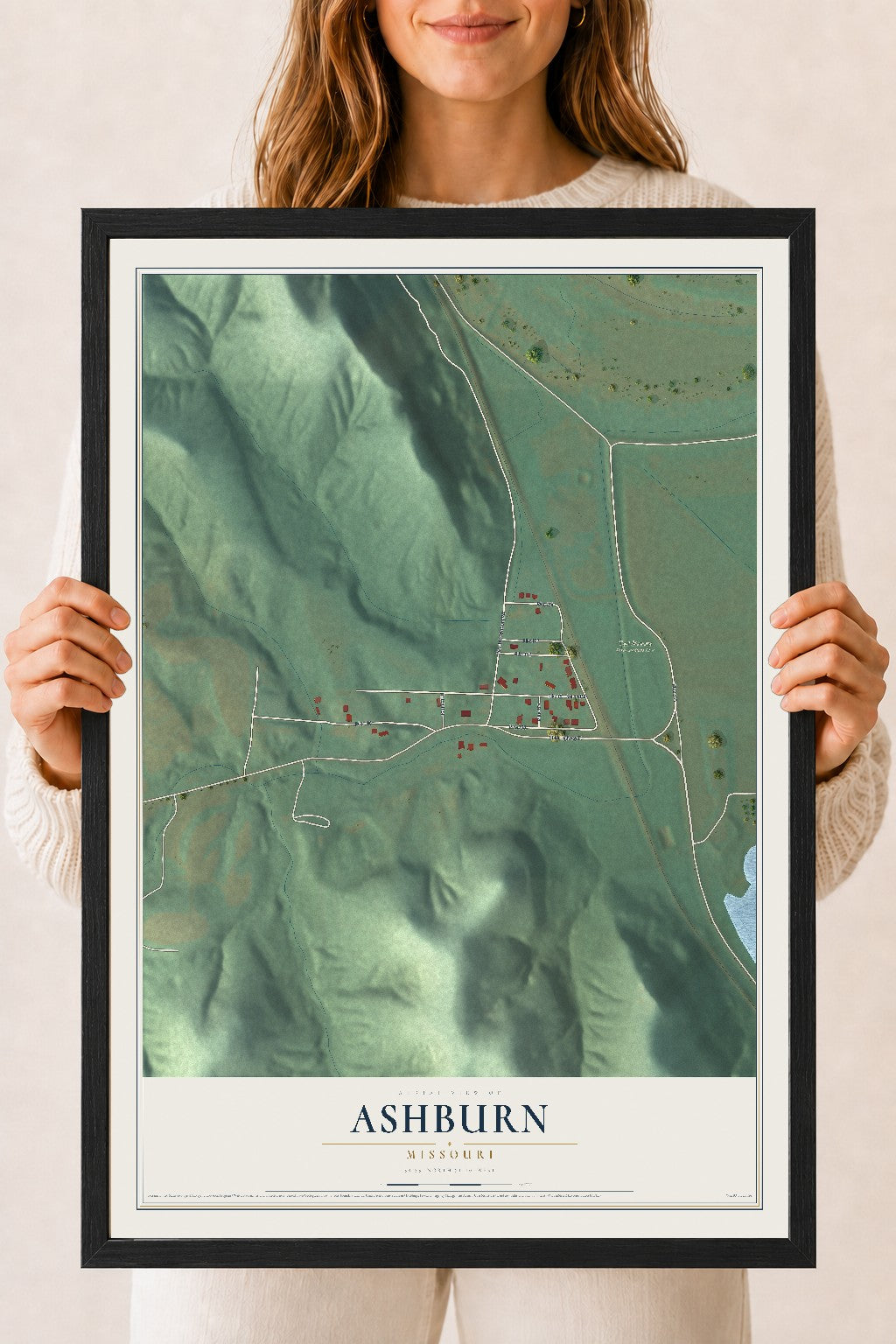 Map of Ashburn, Missouri, 18 x 24 inch print in a black wood frame