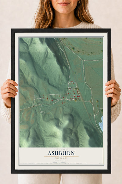 Map of Ashburn, Missouri, 18 x 24 inch print in a black wood frame