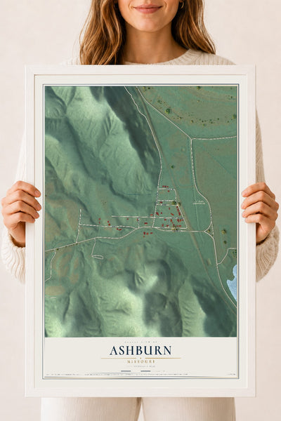 Map of Ashburn, Missouri, 18 x 24 inch print in a white wood frame