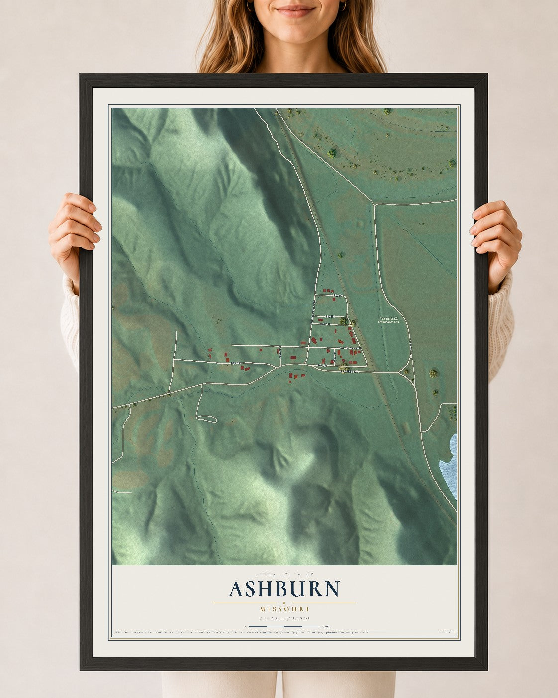 Map of Ashburn, Missouri, 24 x 36 inch print in a black wood frame