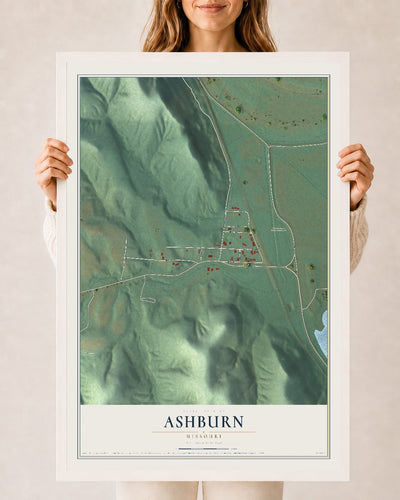 Map of Ashburn, Missouri, 24 x 36 inch print in a white wood frame