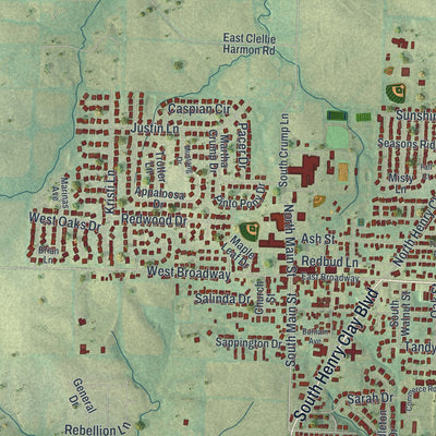 Close-up of the map of Ashland, Missouri print showing street and building detail