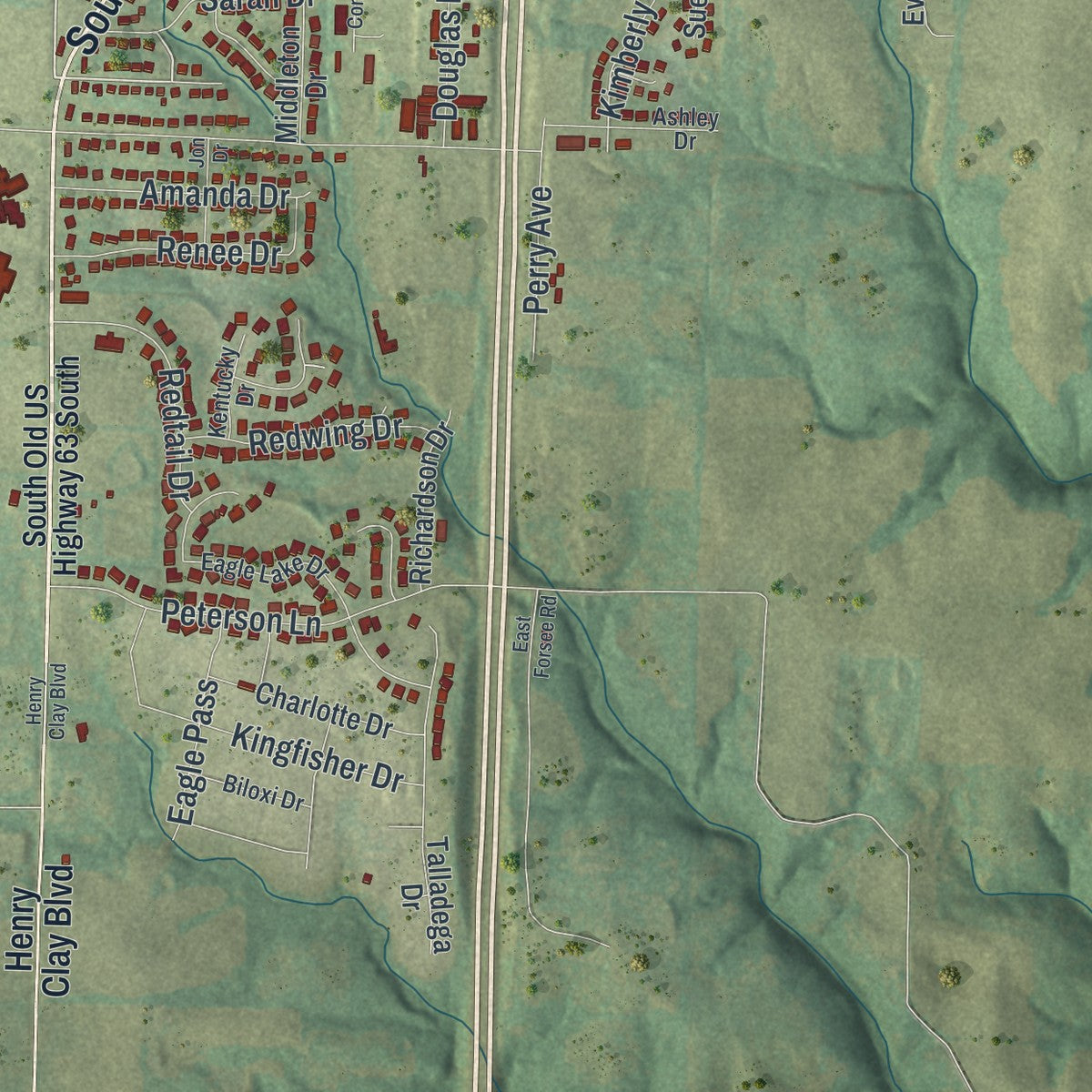 Second close-up of the map of Ashland, Missouri print showing more streets and buildings
