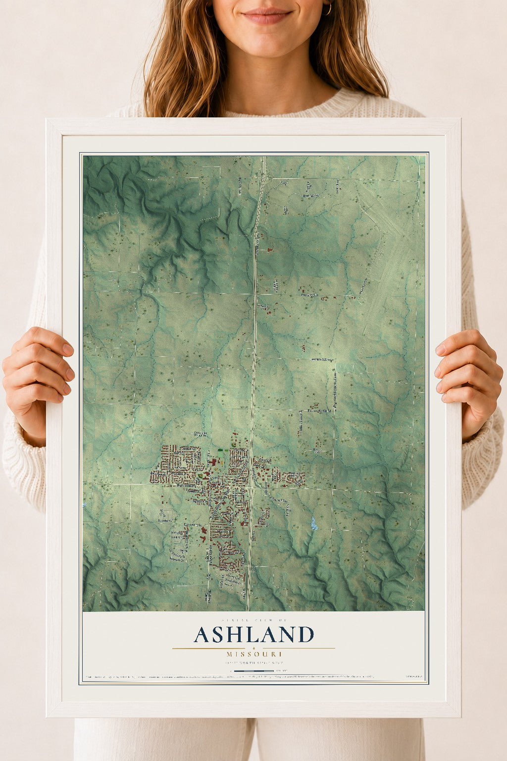 Map of Ashland, Missouri, 18 x 24 inch print in a white wood frame