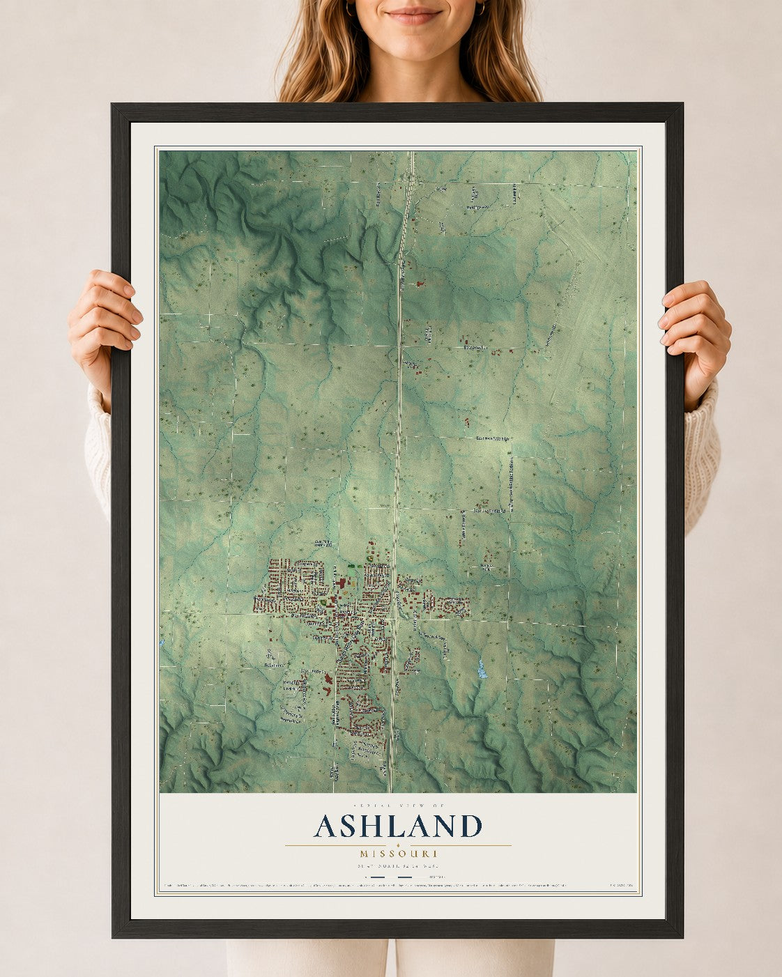 Map of Ashland, Missouri, 24 x 36 inch print in a black wood frame