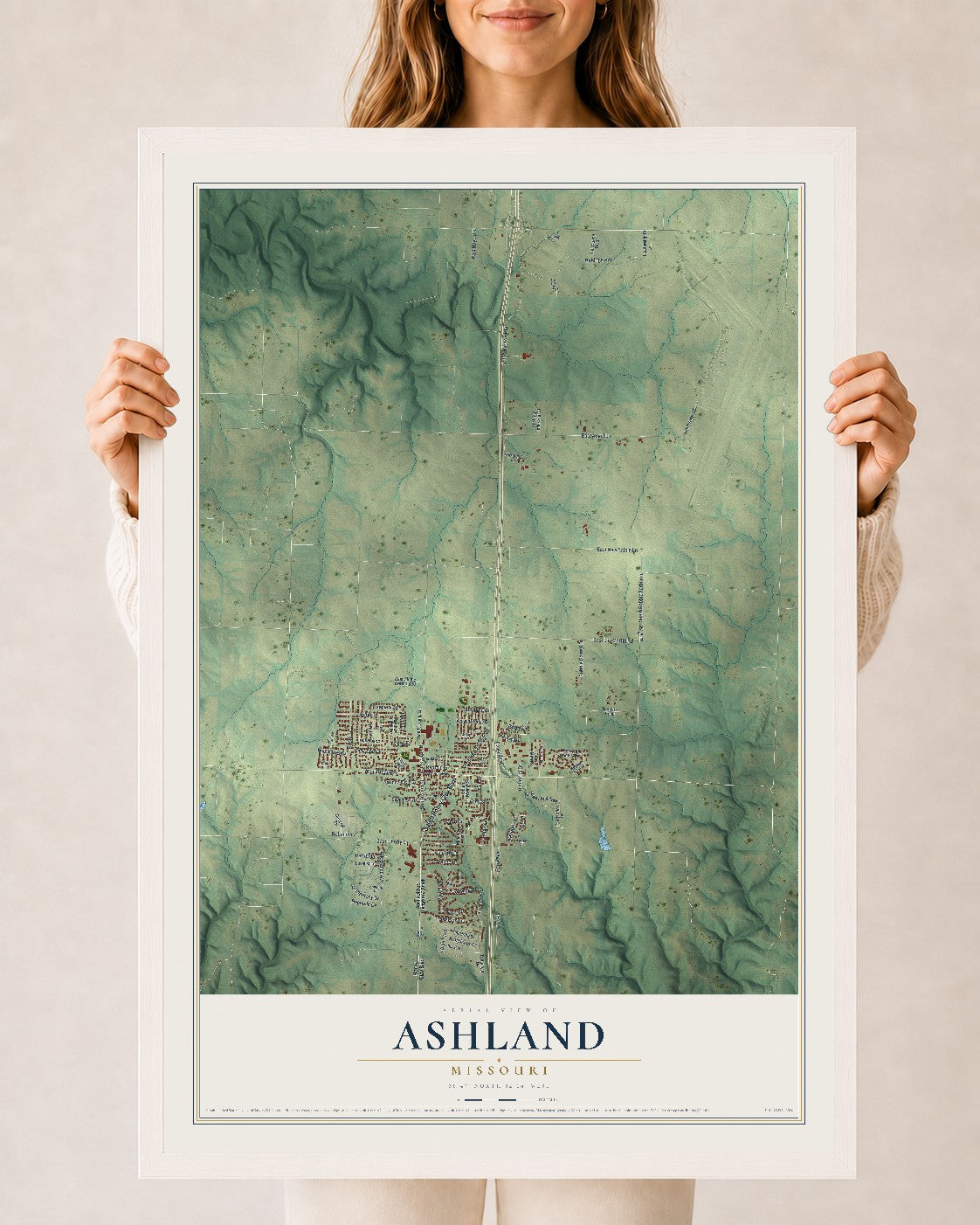 Map of Ashland, Missouri, 24 x 36 inch print in a white wood frame