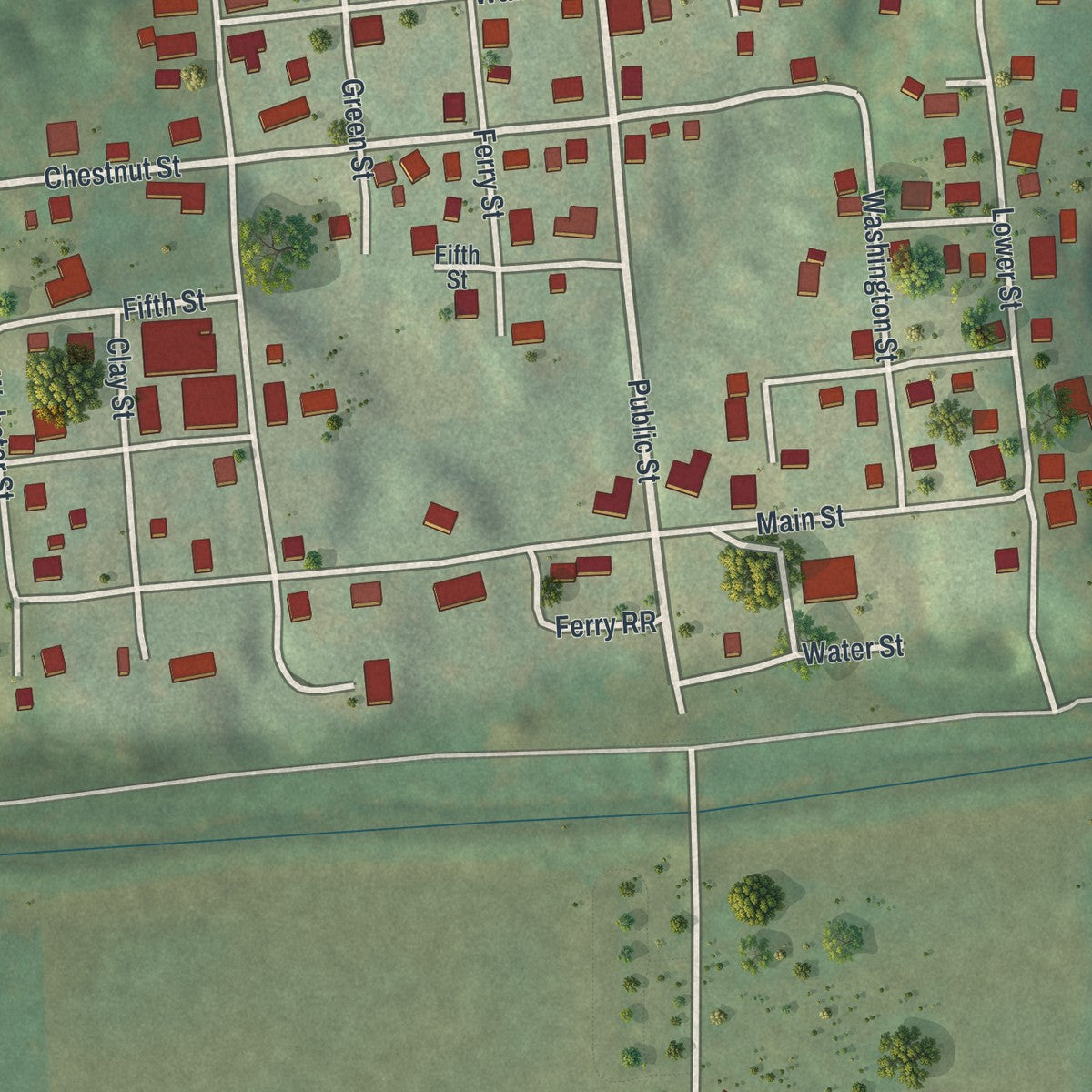 Close-up of the map of Augusta, Missouri print showing street and building detail
