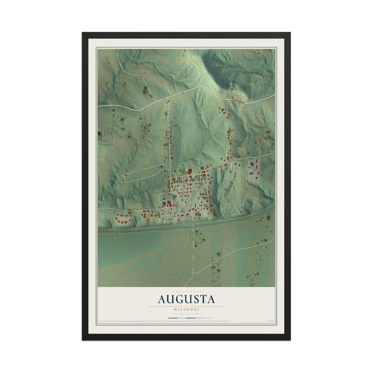 Map of Augusta, Missouri, 12 x 18 inch print in a black wood frame