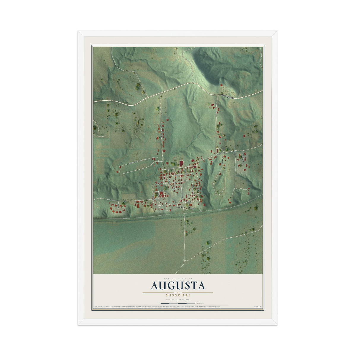 Map of Augusta, Missouri, 12 x 18 inch print in a white wood frame