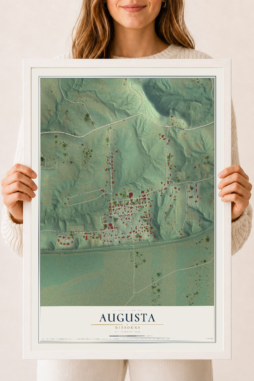 Map of Augusta, Missouri, 18 x 24 inch print in a white wood frame