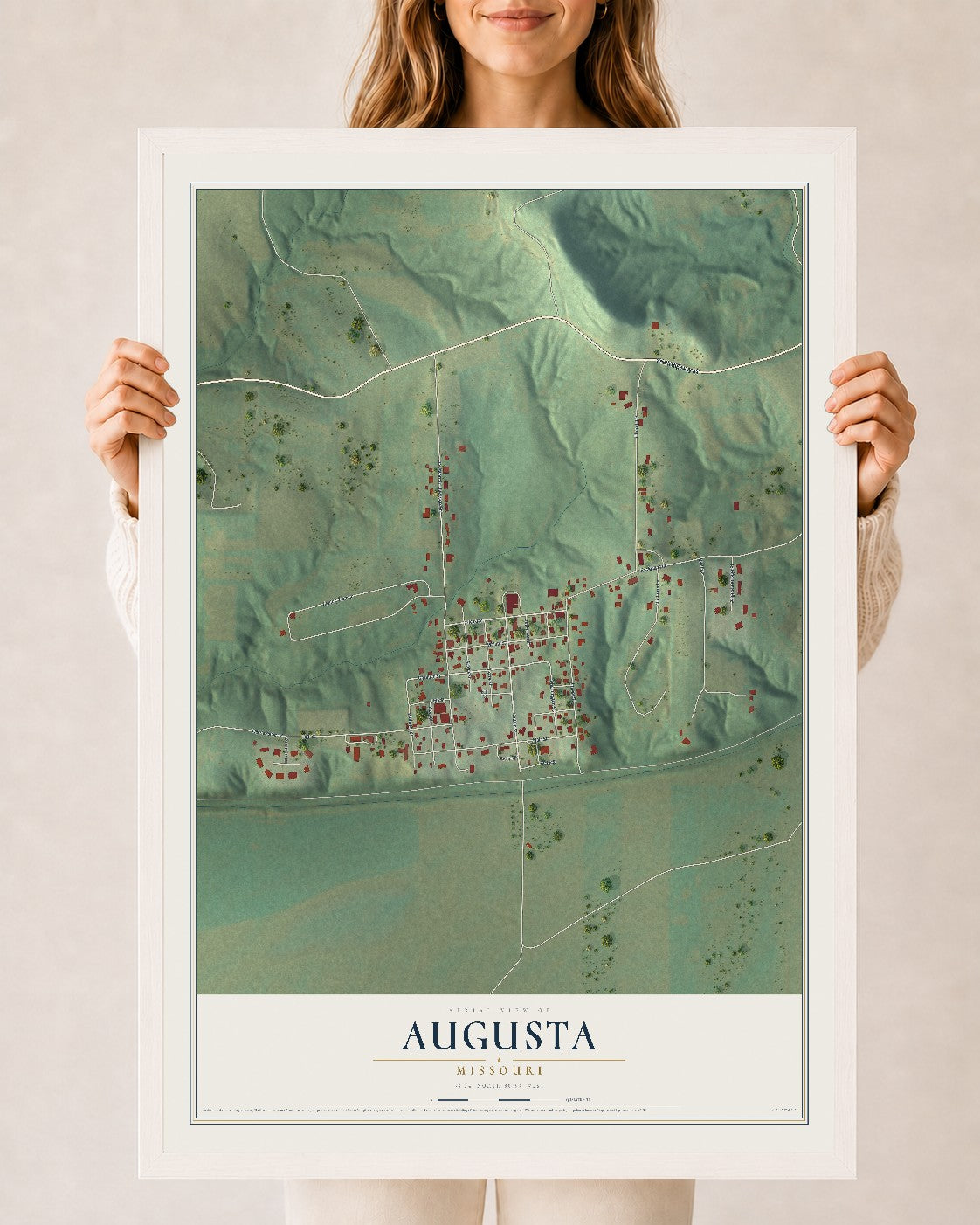 Map of Augusta, Missouri, 24 x 36 inch print in a white wood frame