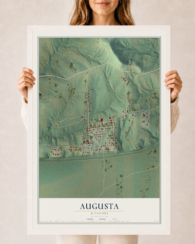 Map of Augusta, Missouri, 24 x 36 inch print in a white wood frame