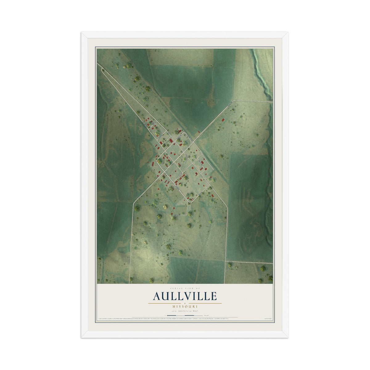 Map of Aullville, Missouri, 12 x 18 inch print in a white wood frame